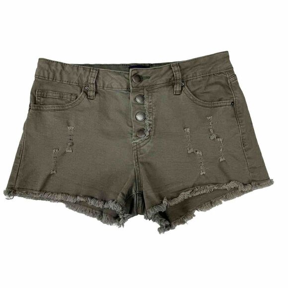 Angel Kiss 7 Denim Collection Shorts Olive Green Button Fly Raw Edge Hem - Picture 1 of 7